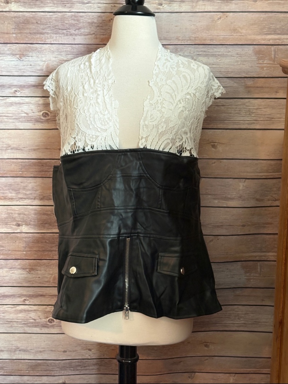 Women's Black Leather & Ivory Lace Top Choosy
